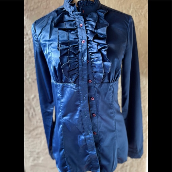 WOMAN BLUE BLOUSE LONG SLEEVES RUFFLED NECKLINE HIGH NECK BUTTONS SIZE M - Picture 3 of 16